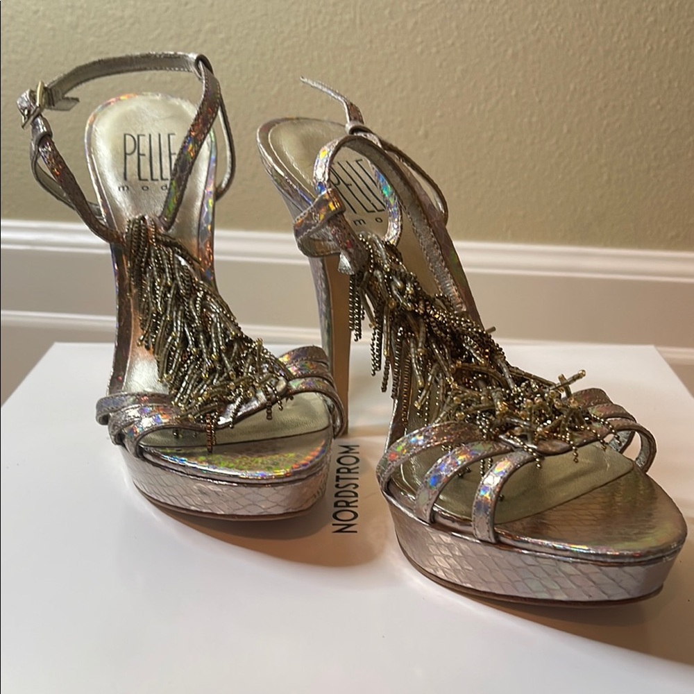 Pelle Moda Silver Heels with Stiletto Design and Decorative Straps